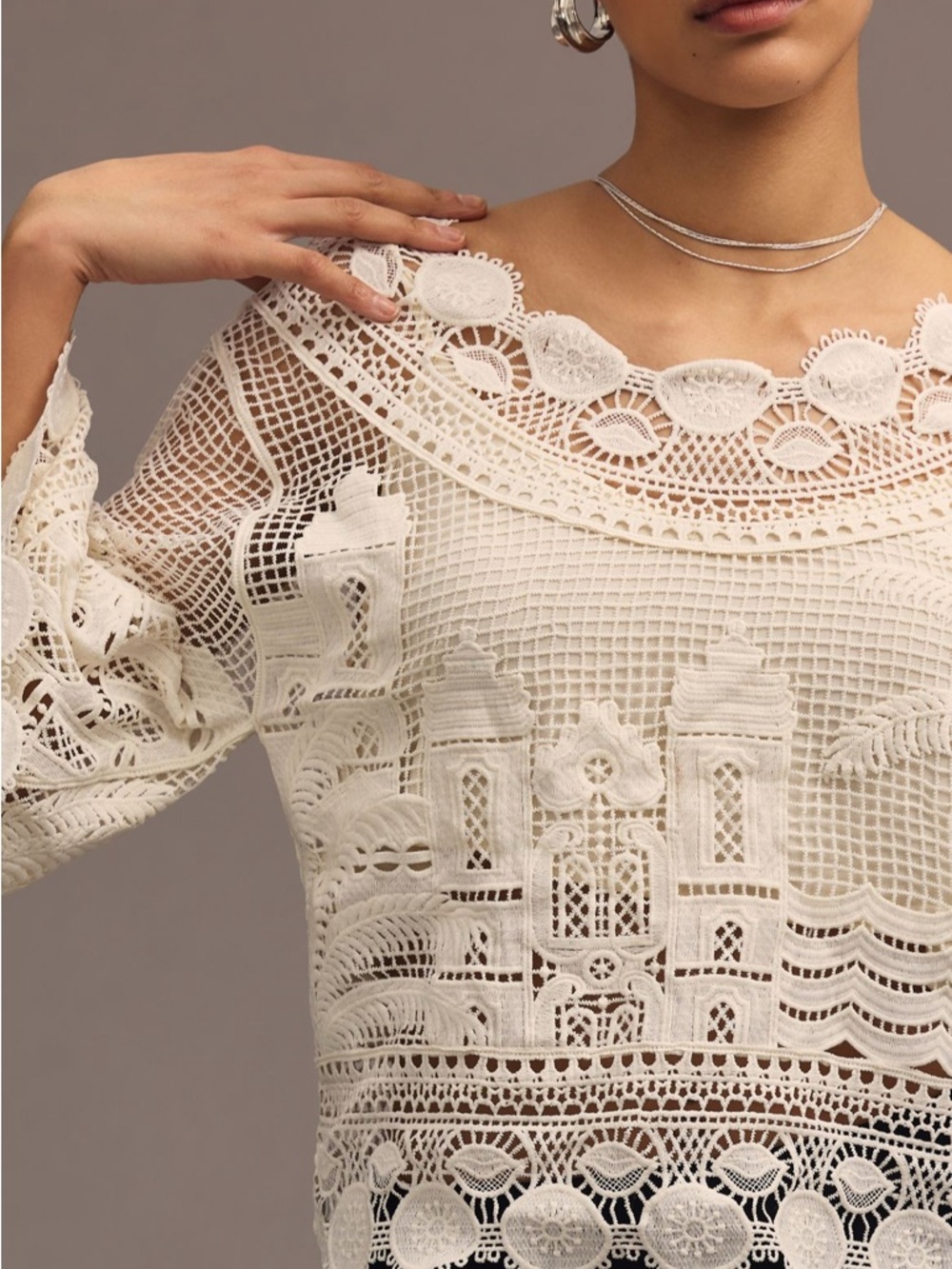 FARM Rio Morada Boa Guipure Blouse Crochet Coastal Resort Off White Size L - Picture 4 of 13